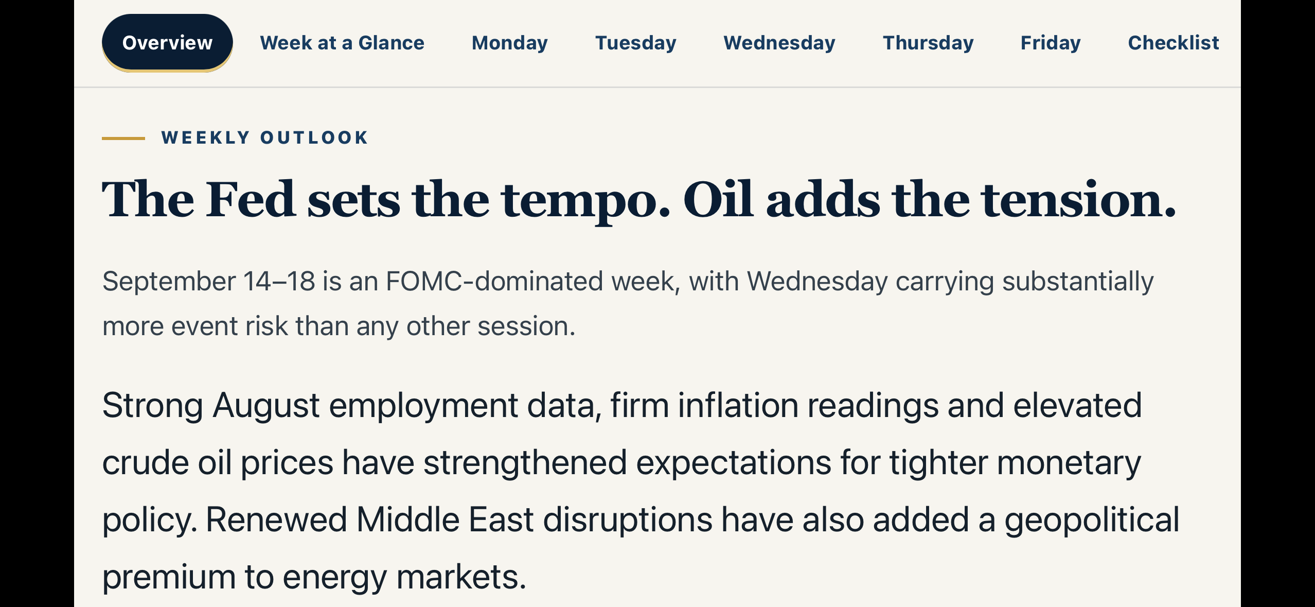 Official Futures Day Book weekly outlook showing the primary macro theme