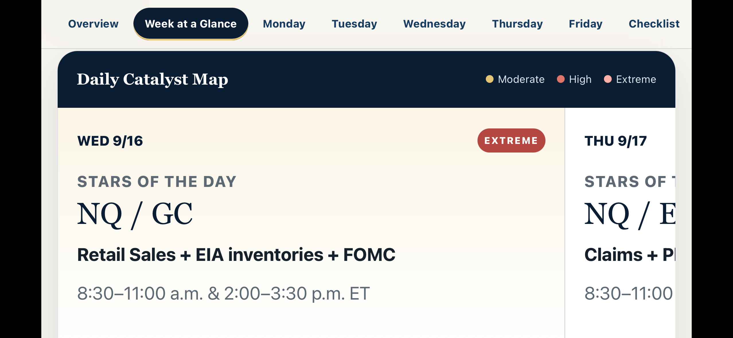 Official Futures Day Book Daily Catalyst Map with stars of the day and event-risk grading